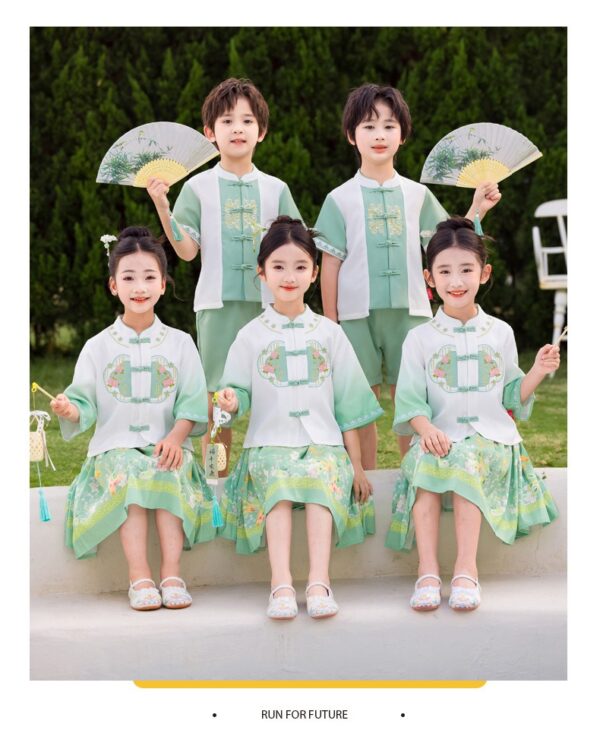 China Hanfu for Student Team Uniform Customize Logo Chinese Style Boy Girl's Hanfu Short Sleeve Prince & Princess