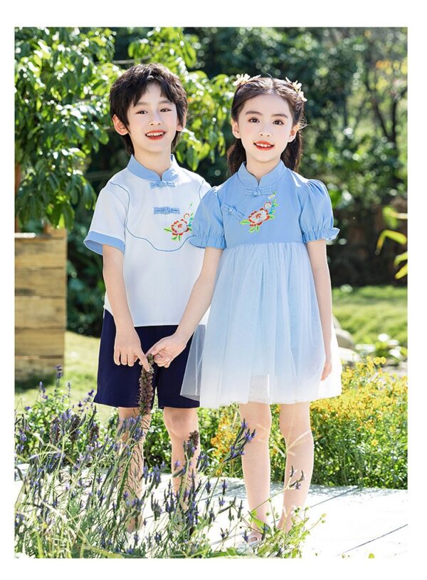Chinese Style Baby Girl's Dress Short Sleeve Vintage Hanfu Dress Blue  Princess Dress Kids Modern Hanfu for Customize Name - Image 9