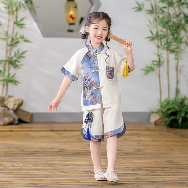Boys Chinese Tang Student Clothing Print Blue Flower Top for Girls Support Customize Embroidery Logo Name - Image 9