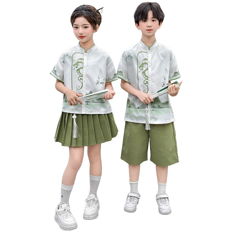 Boys’ Chinese Style Set Summer Short Sleeved Capri Pants Landscape Painting Kids hanfu customize name For Children