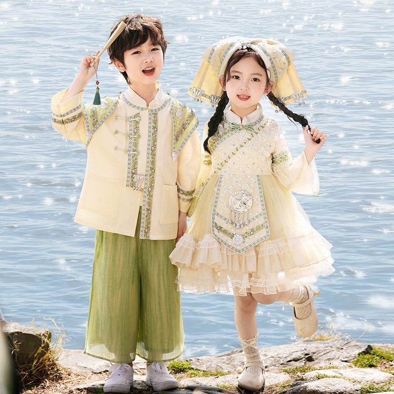 The Hani Nationality clothing Girl’s Dress Short Sleeve Vintage Hanfu Dress Blue  Princess Dress Kids Modern Hanfu for Customize Name