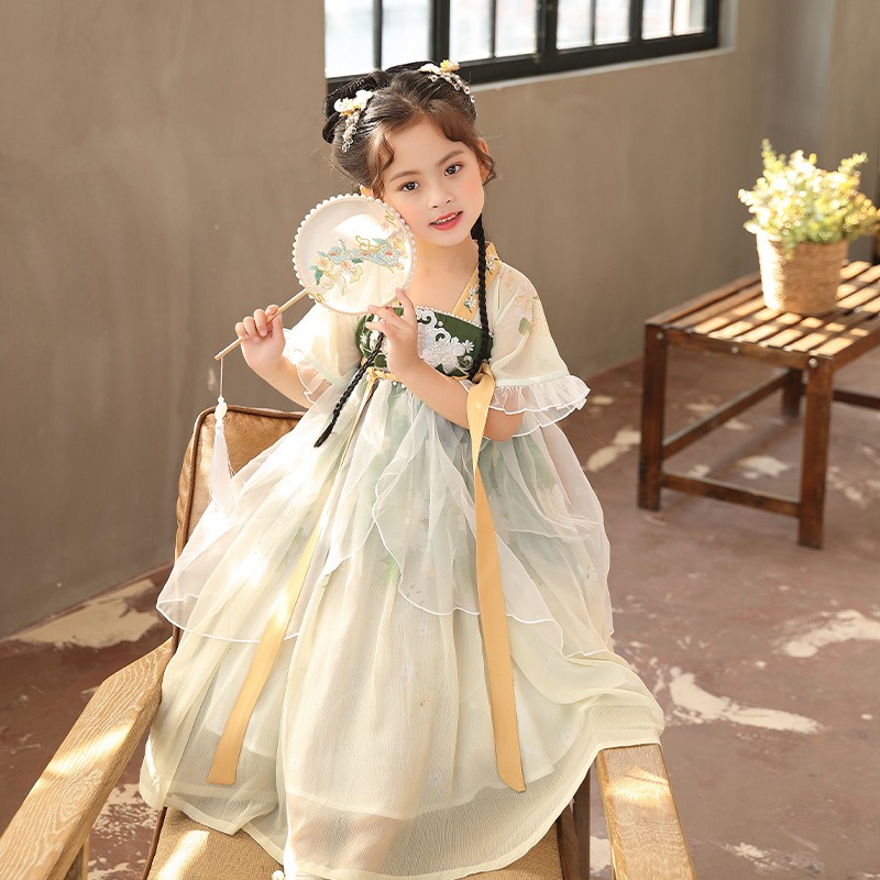 Fhattire Kids’ Hanfu Girl’s Pink Hanfu Chinese-style Small Dress Retro Embroidered Flowing Long Dress Spring