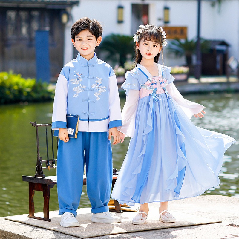 Pigeon Pair Kids’ Hanfu from China A Traditional Design Boy and Girl Hanfu for Children Retro Embroidered Long Dress Spring